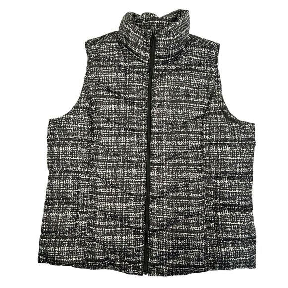 Lands End Basket Weave Print Goose Down Puffer Vest Size XL Black White - Picture 1 of 9